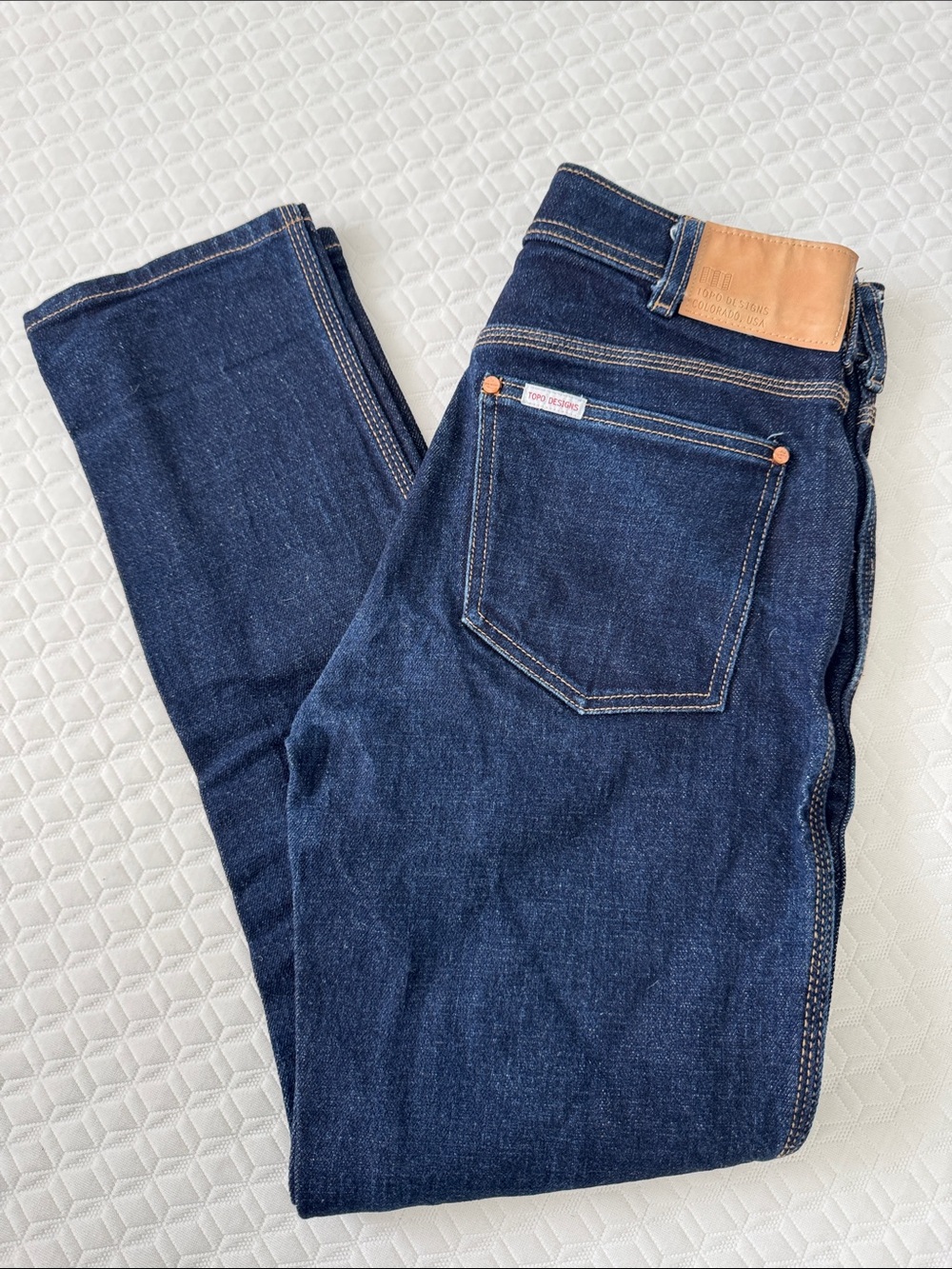 Topo Designs 5-Pocket Denim Jeans Dark Wash Straight Leg Brass Buttons RARE